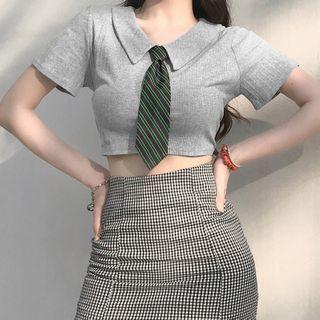 Short-sleeve Striped Tie Crop Top / Fitted Checked Mini Skirt