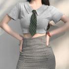 Short-sleeve Striped Tie Crop Top / Fitted Checked Mini Skirt