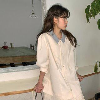 Long-sleeve Mock Two-piece Pleated A-line Dress White - One Size