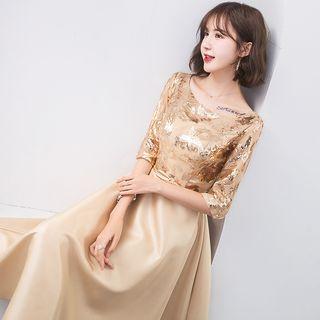 Elbow-sleeve Sequined Midi A-line Cocktail Dress