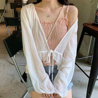 Wood Ear Trim Suspender Top / Long-sleeve Ruffle Jacket