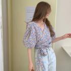 Puff-sleeve V-neck Floral Print Top As Figure - One Size