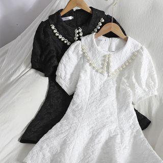 Puff-sleeve Faux Pearl A-line Lace Dress