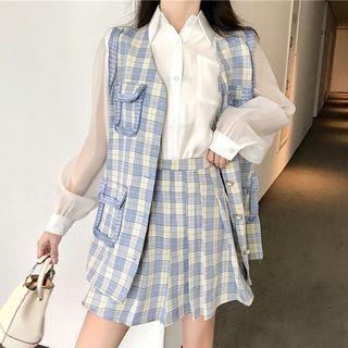 Set: Plaid Buttoned Vest + Plaid Pleated Mini Skirt