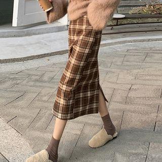 Plaid A-line Split Skirt