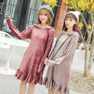 Hooded Corduroy Ruffle-hem Pullover Dress