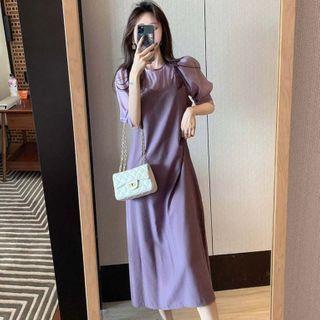Set: Puff-sleeve Sheer Top + Spaghetti-strap Plain Long Dress