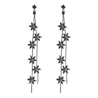925 Sterling Silver Rhinestone Flower Fringed Earring Flower - Black - One Size