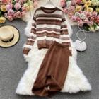 Set: Striped Long-sleeve Knitted Sweater+plain Knitted Skirt