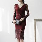 Lace-panel Bow-accent Sheath Dress