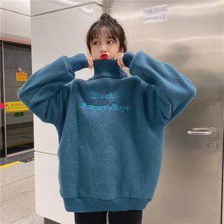 Letter Embroidered Faux Shearling Pullover