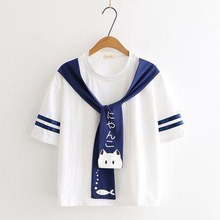 Tie Neck Short-sleeve Printed T-shirt