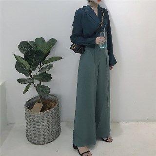 Long-sleeve Lapel Blouse / Wide-leg Pants