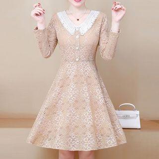 Collared Long-sleeve A-line Lace Dress