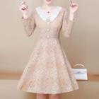 Collared Long-sleeve A-line Lace Dress