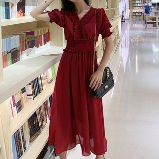 Short-sleeve Ruffled Chiffon A-line Midi Dress