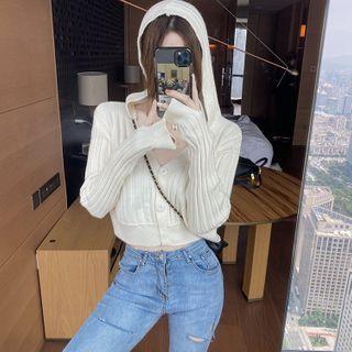 Slim-fit Cropped Hooded Cardigan White - One Size