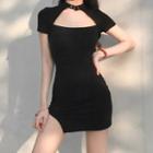 Buckled Choker-neck Short-sleeve A-line Dress