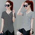 Short-sleeve Striped Asymmetric T-shirt