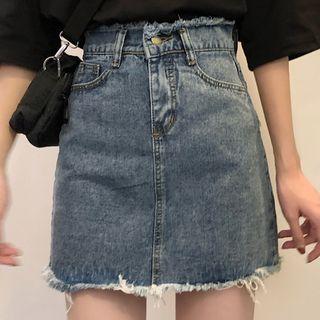 Fringed Hem Denim Mini Straight-fit Skirt