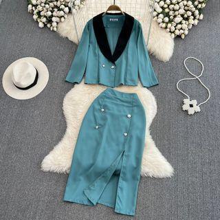 Set: Color Block Lapel Blazer + High Waist Slit Pencil Skirt