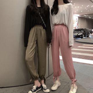 Long-sleeve Plain Tee / High-waist Plain Drawstring Pants