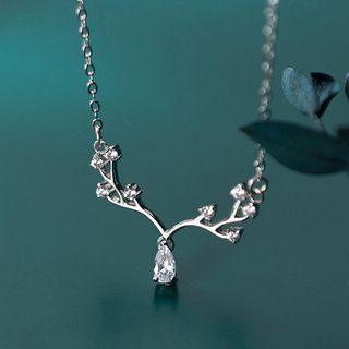 925 Sterling Silver Rhinestone Deer Horn Pendant Necklace As Shown In Figure - One Size