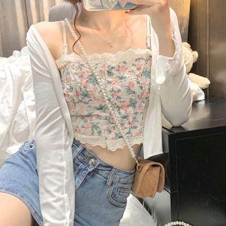 Flower Print Cropped Camisole Top / Plain Cardigan