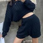 Set : Plain Striped Sweater + Knit Wide Leg Shorts