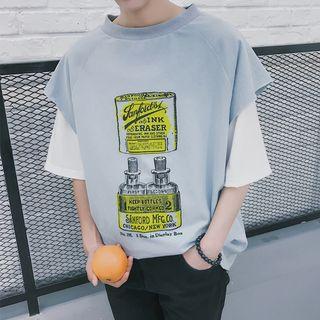 Printed Mock Two-piece Elbow-sleeve T-shirt