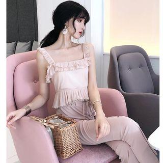 Set: Frill Trim Tank Top + Wide Leg Pants