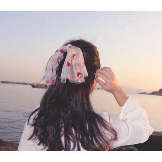 Floral Embroidered Mesh Hair Tie Red Rose - White - One Size