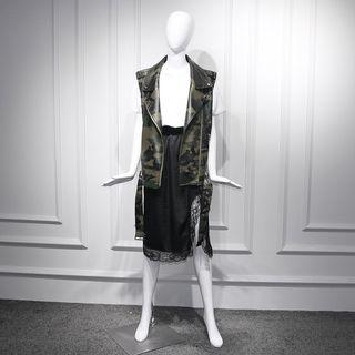 Camo Knit Zip Hooded Jacket / Faux Leather Zip Vest / Lace-trim Midi Skirt