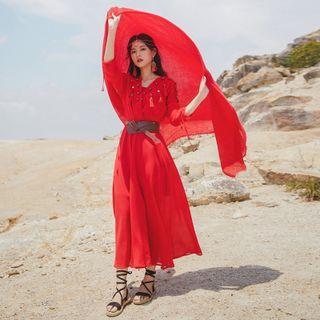 3/4-sleeve Midi A-line Dress / Slipdress / Belt / Shawl / Set
