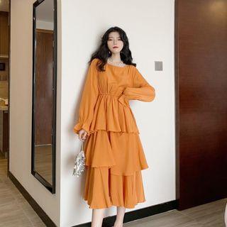 Puff-sleeve Layer Midi Dress