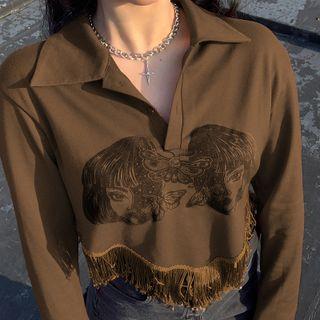 Graphic Print Fringed Cropped Polo Sweatshirt