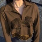 Graphic Print Fringed Cropped Polo Sweatshirt