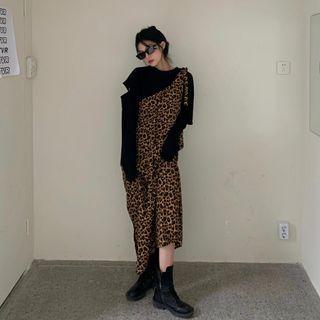 Strappy Leopard Midi A-line Dress / Long-sleeve T-shirt