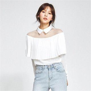 Sheer-yoke Flap-over Pleated Blouse