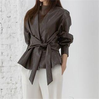 Tie-waist Peplum Faux-leather Jacket