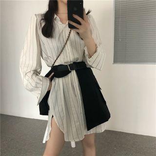 Long-sleeve Striped Mini Shirt Dress / Slit A-line Mini Skirt