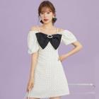 Cold-shoulder Bow Accent Dotted Mini A-line Dress
