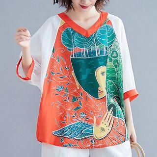 3/4-sleeve Printed Top Tangerine & Green - One Size