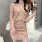 Set: Plaid Cardigan + Mini Knit Pencil Skirt Set - As Shown In Figure - One Size
