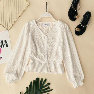 Puff-sleeve Eyelet Lace V-neck Blouse White - One Size