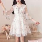 Bell 3/4-sleeve Embroidered Mesh A-line Dress