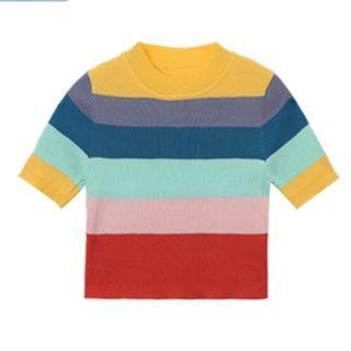 Short Sleeve Striped Knit Top Yellow - One Size