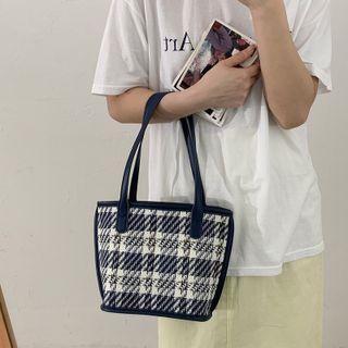 Set: Plaid Mini Handbag + Zip Pouch Set Of 2 - Handbag & Zip Pouch - Plaid - Blue - One Size