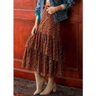 Frill-layered Floral Long Chiffon Skirt