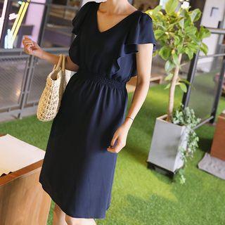 Flutter-sleeve Smock-waist Chiffon Dress
